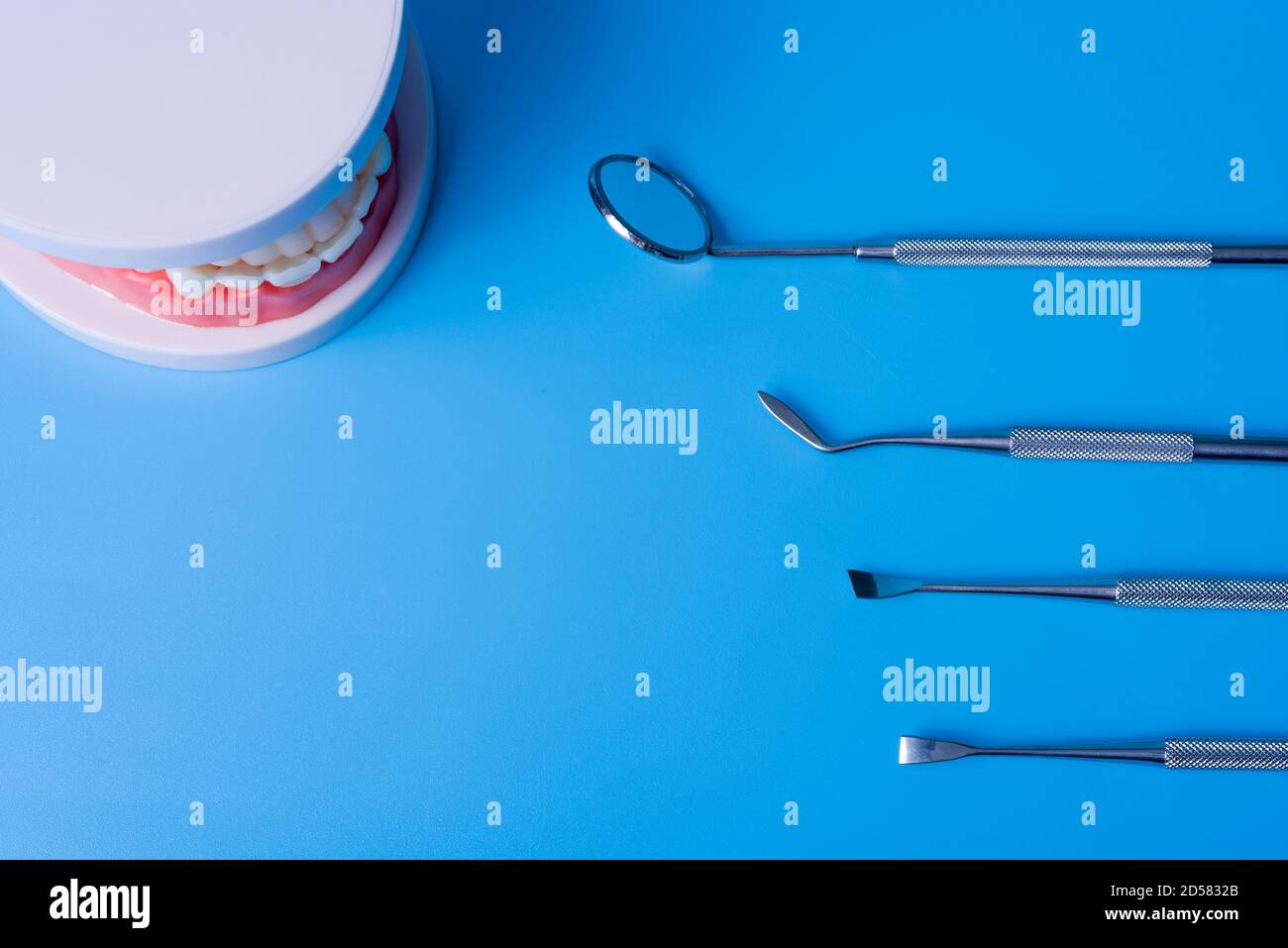 Teeth model with dental tools on blue background. Concept of dentistry ...
