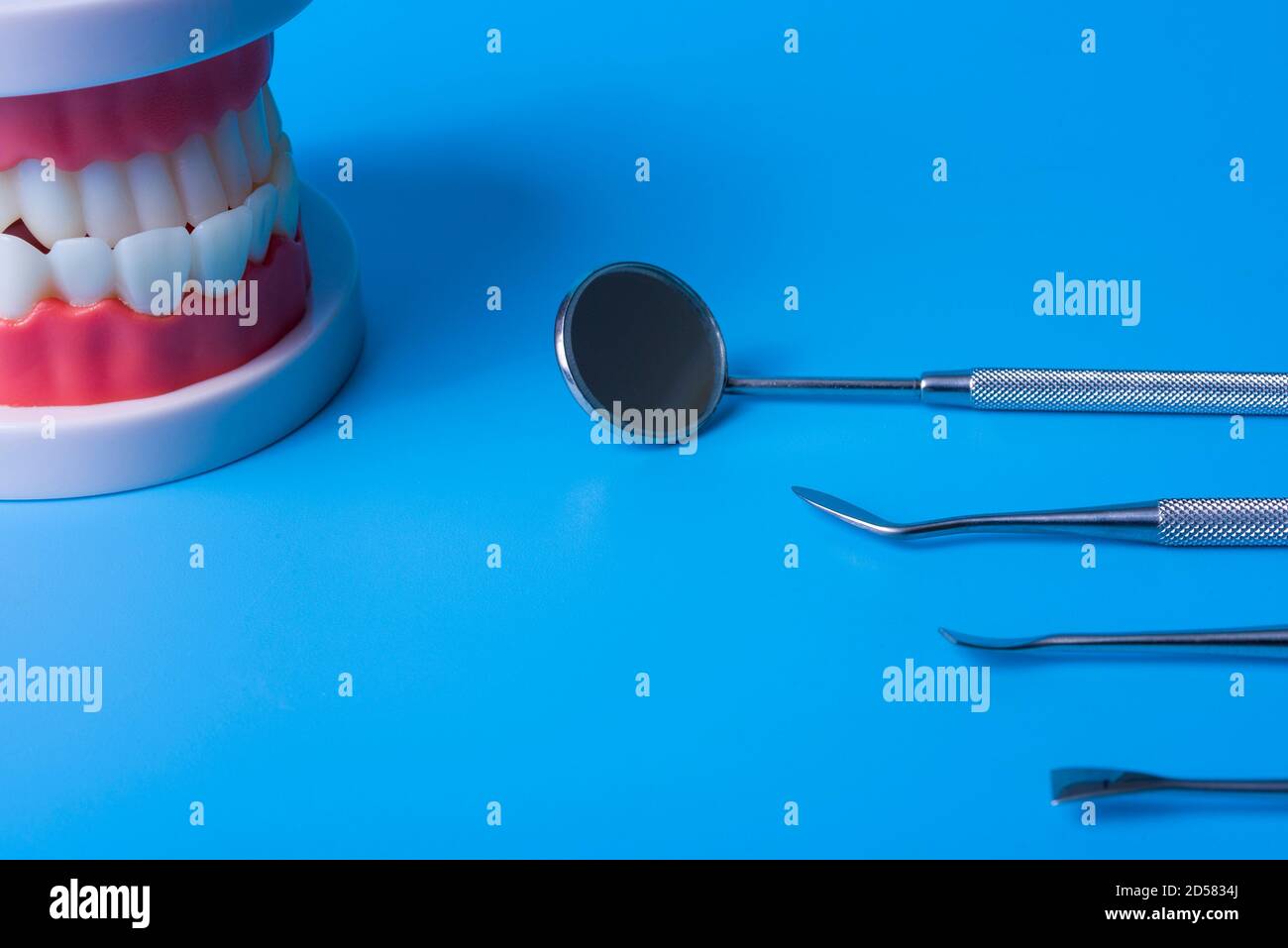 Teeth model with dental tools on blue background. Concept of dentistry ...