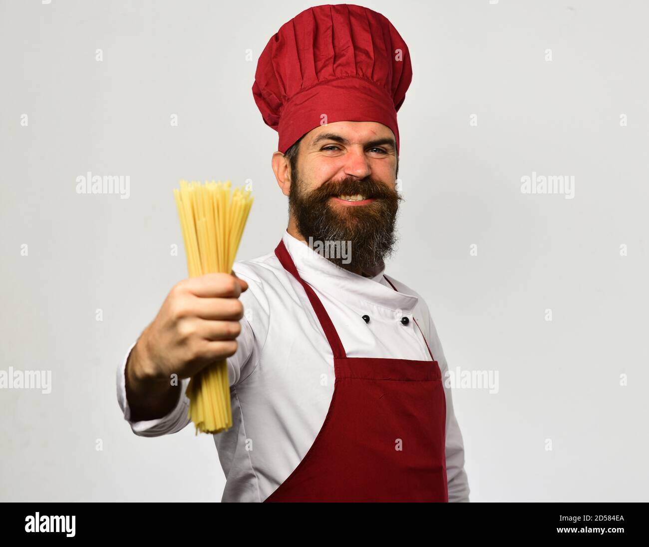 Italian cuisine concept. Man with beard isolated on white background ...
