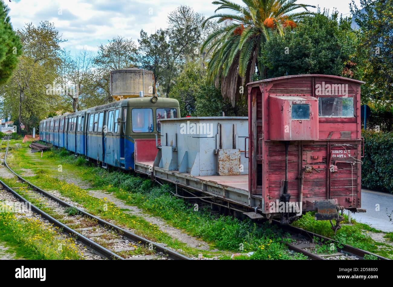 Kalavryta Greece -The old historic steam locomotive of Odontotos railway travelling from Diakofto to Kalavrita station. Stock Photo