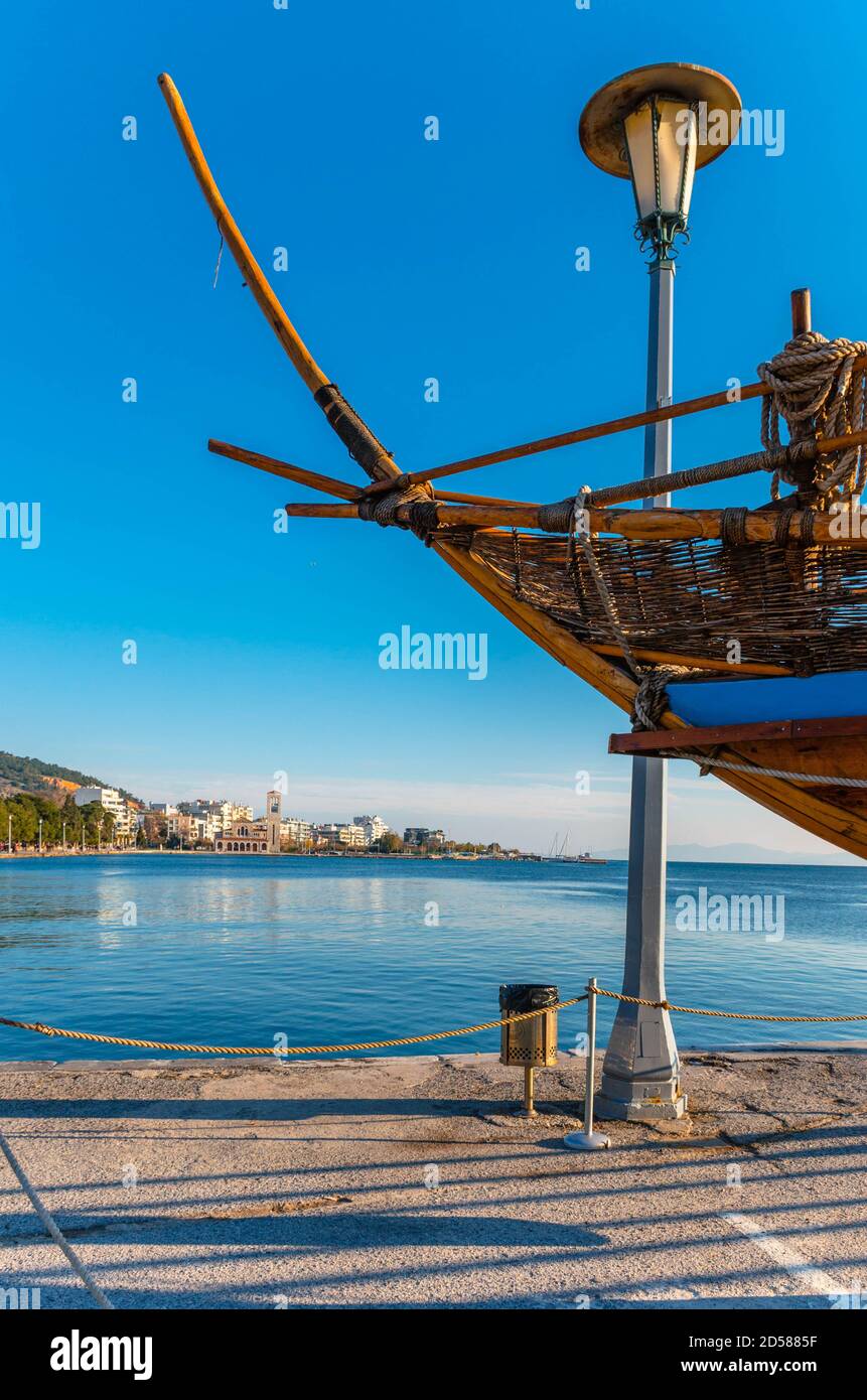 Argo legendary ship copy situated in port of Volos.The church of Saint Constantine and Helen in background. Stock Photo