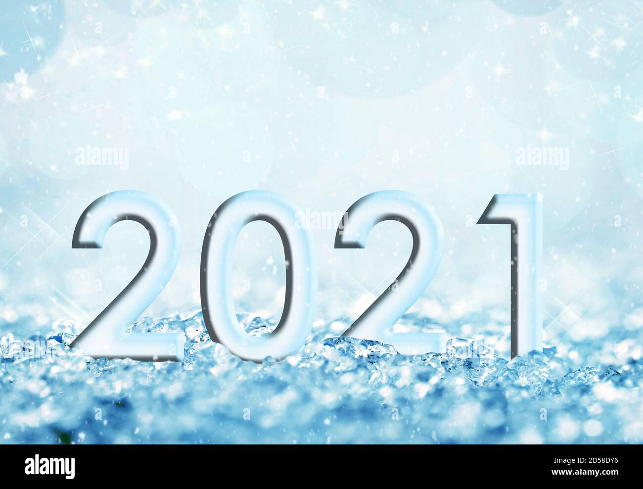 2021, blue snow and bokeh christmas background. New year card Stock Photo