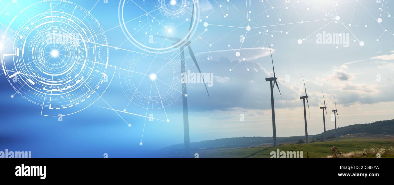 Wind turbines in a rural landscape on sky background; panoramic banner ...