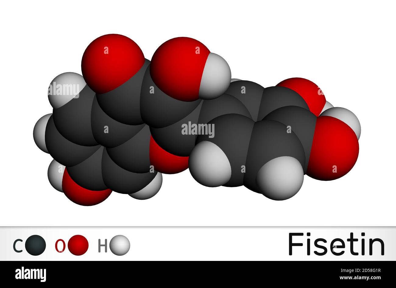 Fisetin molecule. It is plant flavonol from the flavonoid group of