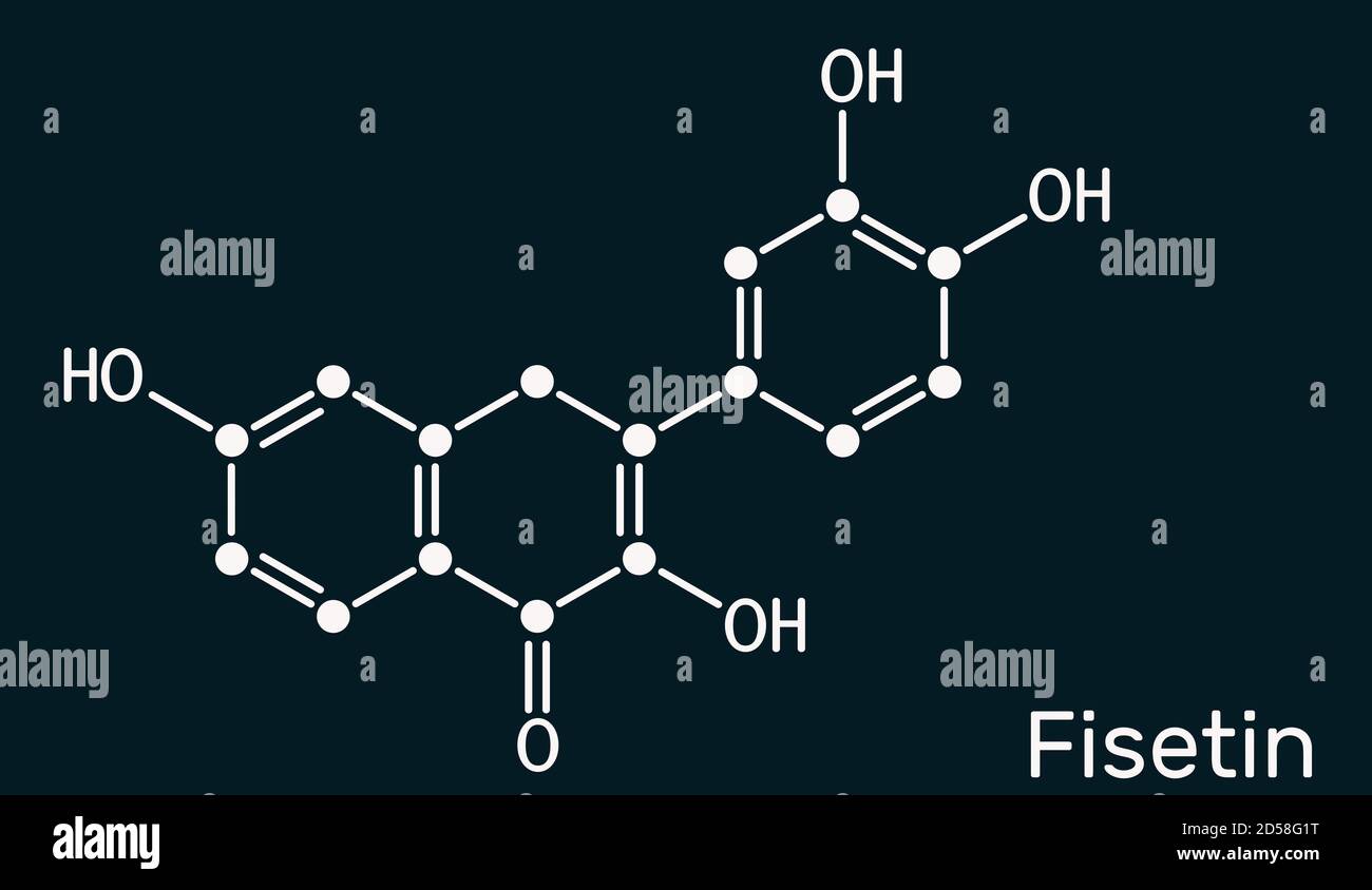 Fisetin molecule. It is plant flavonol from the flavonoid group of