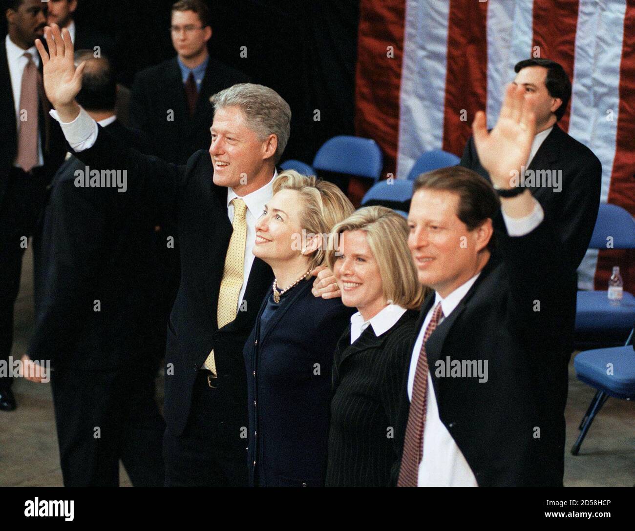 President Clinton, first lady Hillary Clinton, Vice President Gore and his  wife Tipper bid farewell to spectators in the upper seats of The Marine  Midland Arena in Buffalo, January 20. Clinton returned