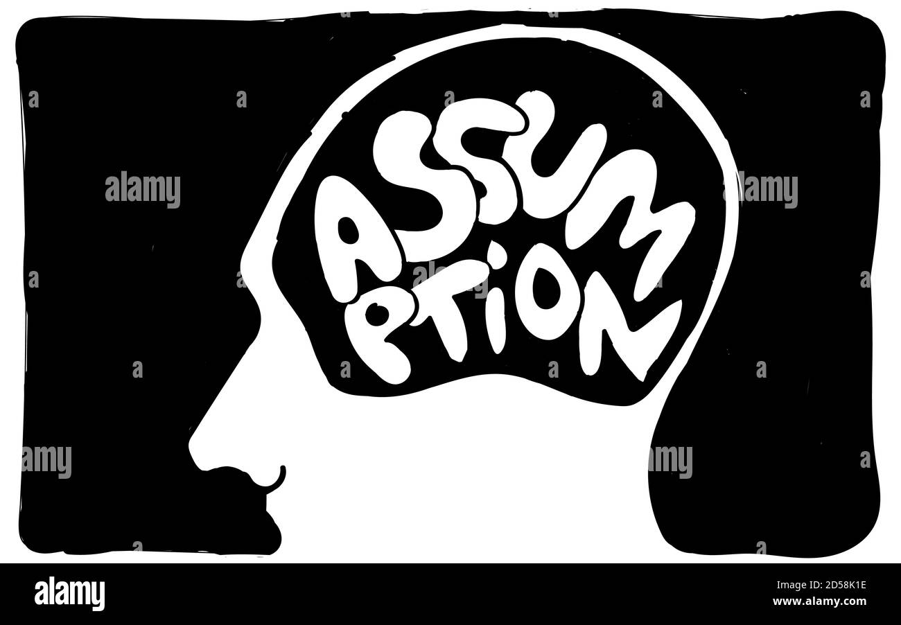 Assumption text in head black and white hand drawing pictogram Stock Vector
