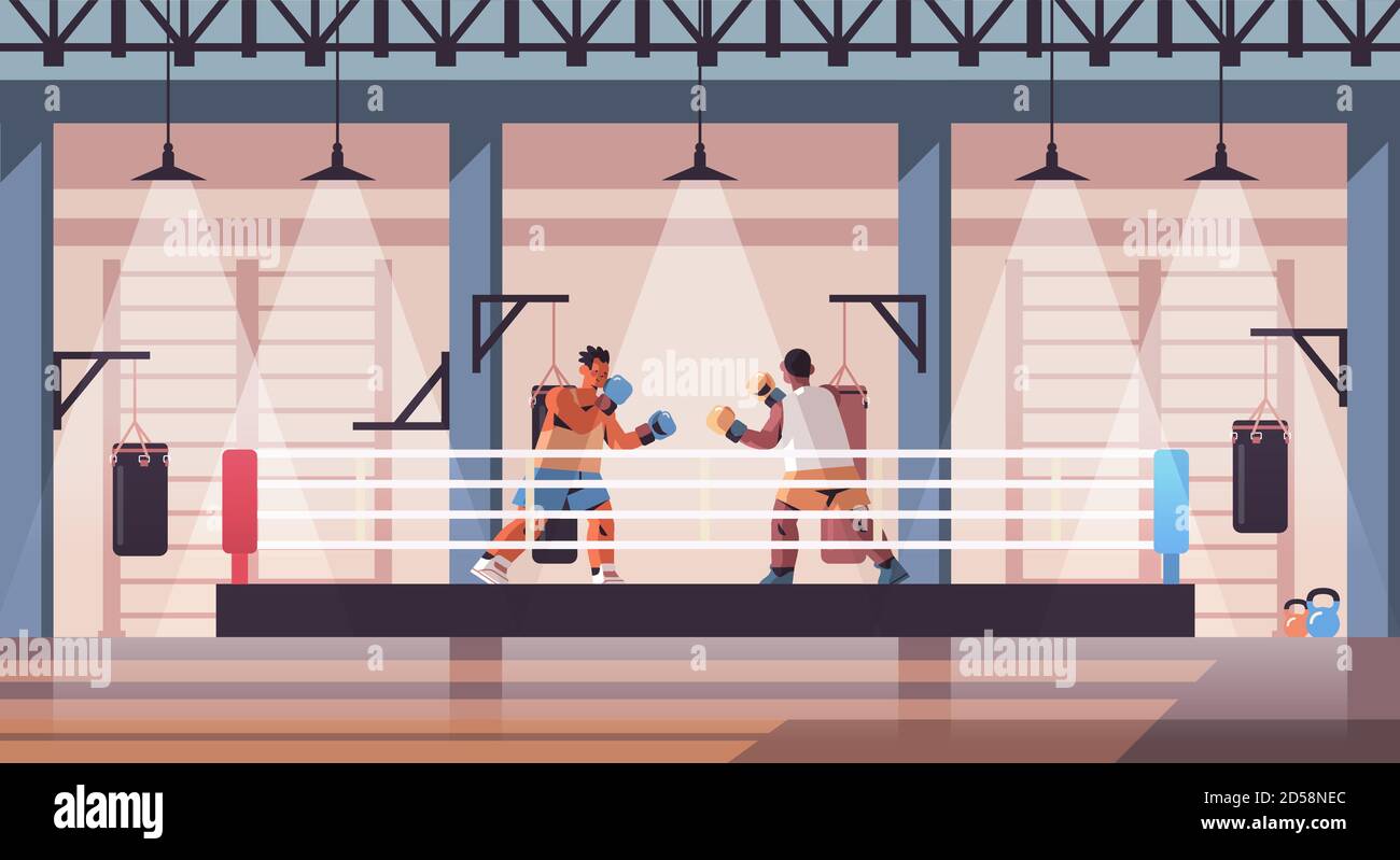 mix race boxers fighting on boxing ring dangerous sport competition