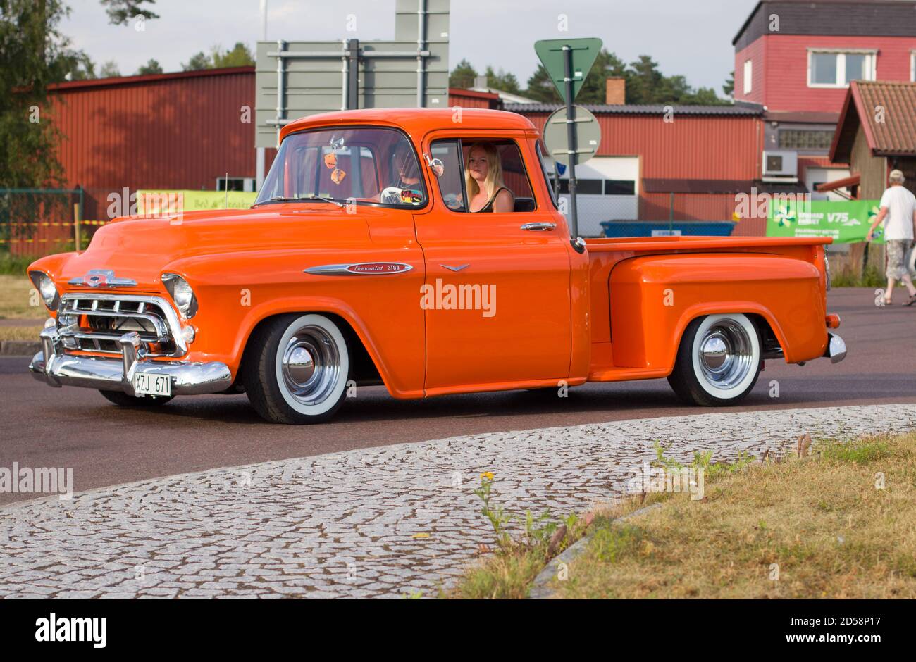 Unique vintage orange pickup truck. Vintage car festival in Sweden Stock Photo