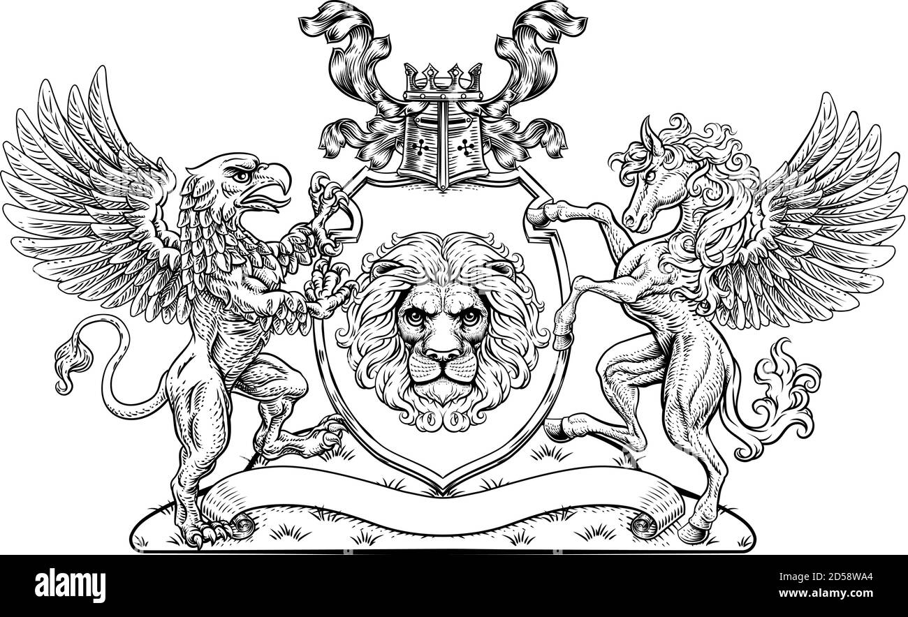 Coat of Arms Crest Griffin Pegasus Lion Shield Stock Vector