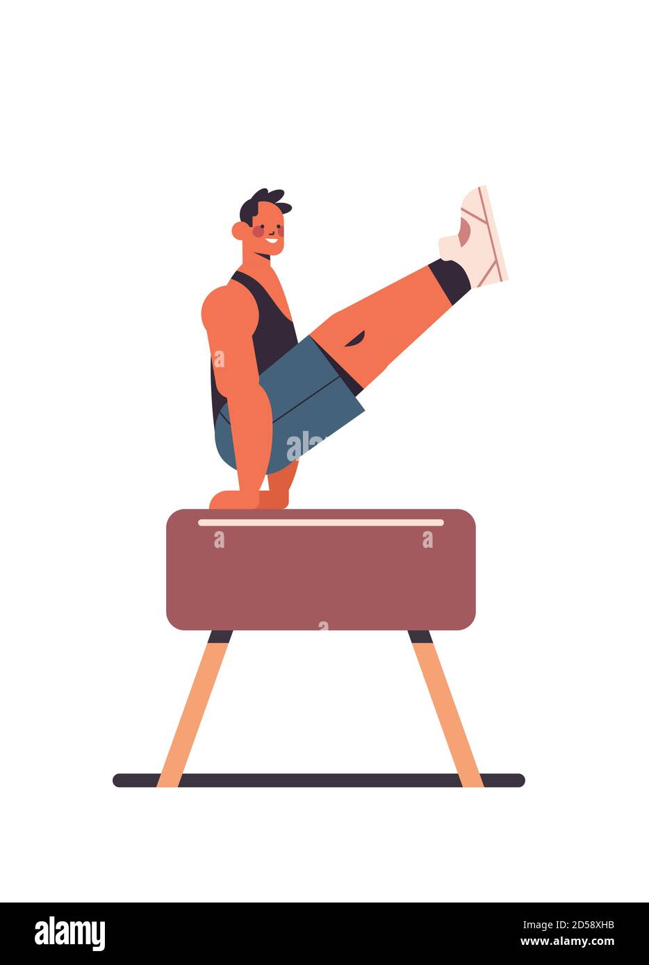 sportsman professional gymnast doing physical exercises on pommel horse working out in gym