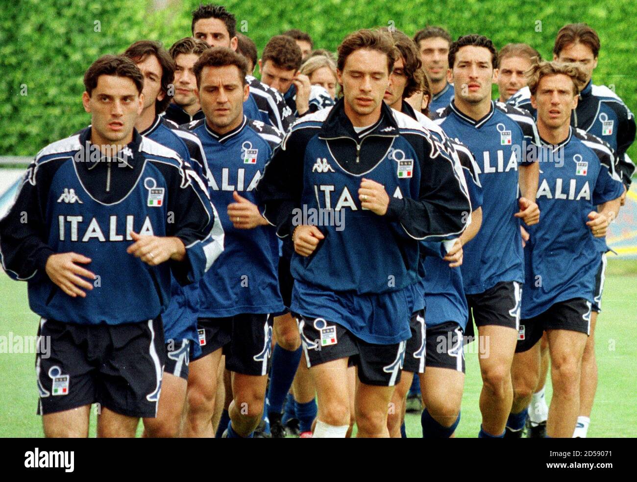 Enrico Chiesa 4th L And Angelo Di Livio 3rd L Lead Other Members Of The Italian National Soccer Team During A Training Session In Nyon June 7 Italy Play Switzerland In A