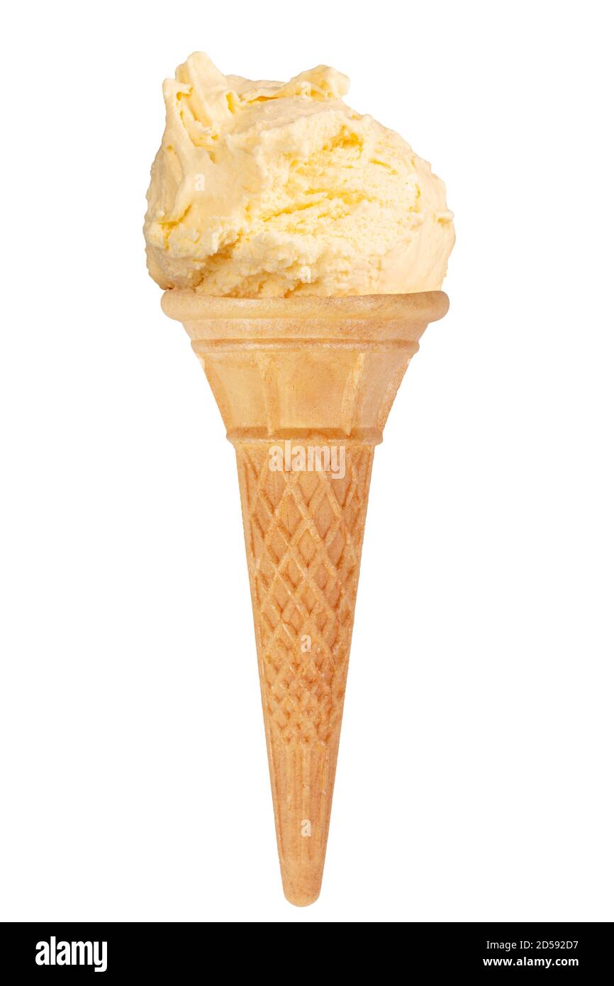 Single scoop of vanilla ice cream on a cone. Stock Photo