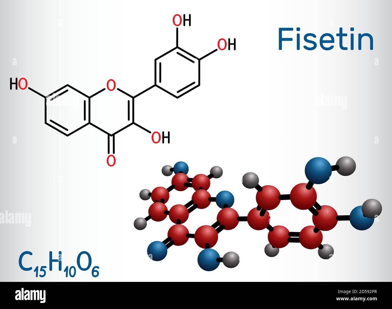 Fisetin molecule. It is plant flavonol from the flavonoid group of
