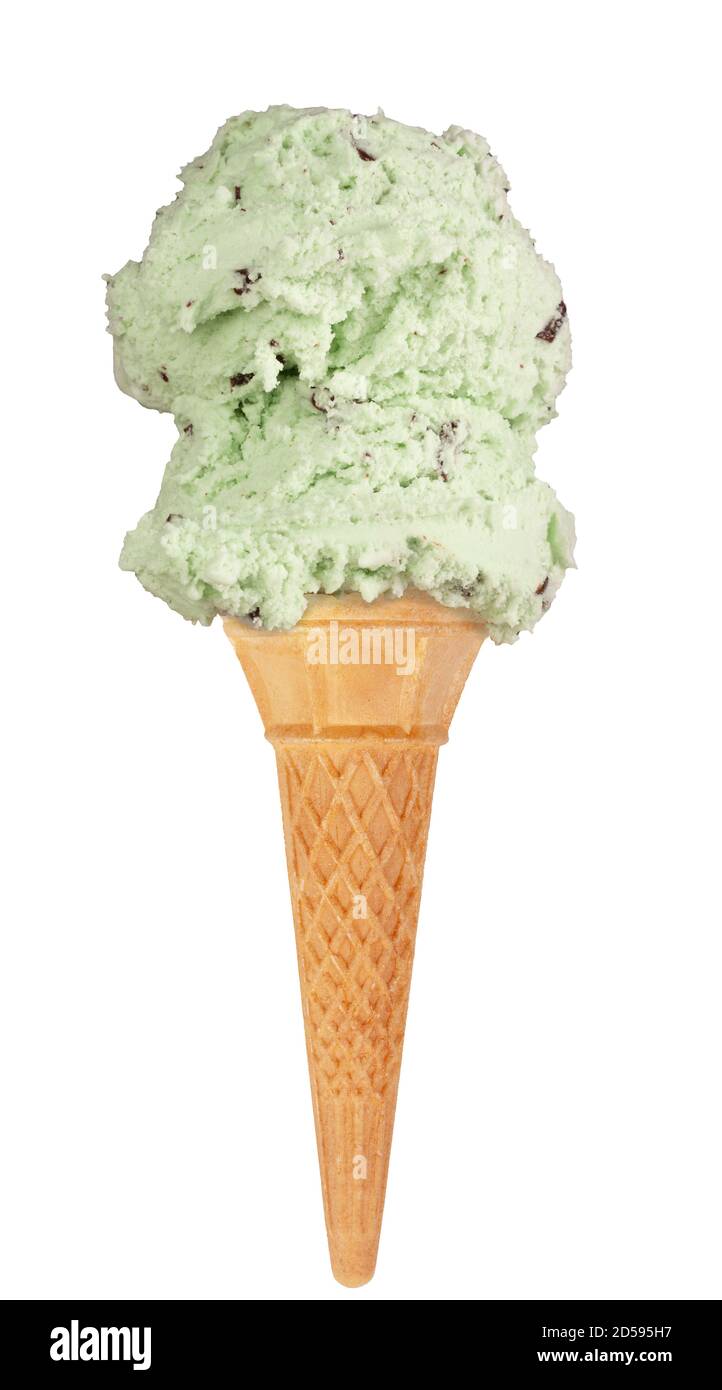 Double scoop of mint choc chip ice cream in a waffle cone. Stock Photo