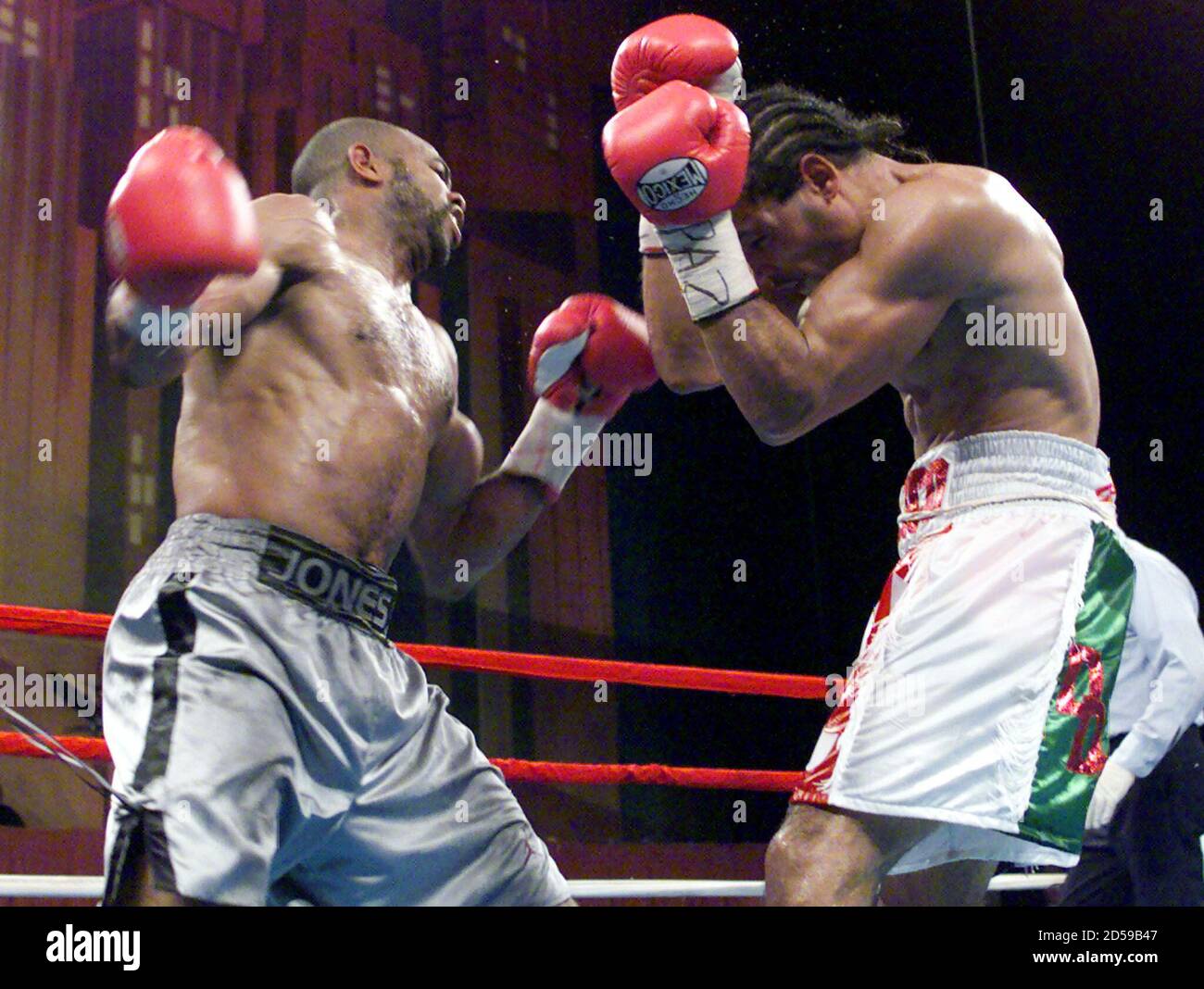 Undisputed Light Heavyweight World Champion Roy Jones Jr. (L) swings with a  right hook to the head of David Telesco in the eleventh round of their  championship fight at New York's Radio