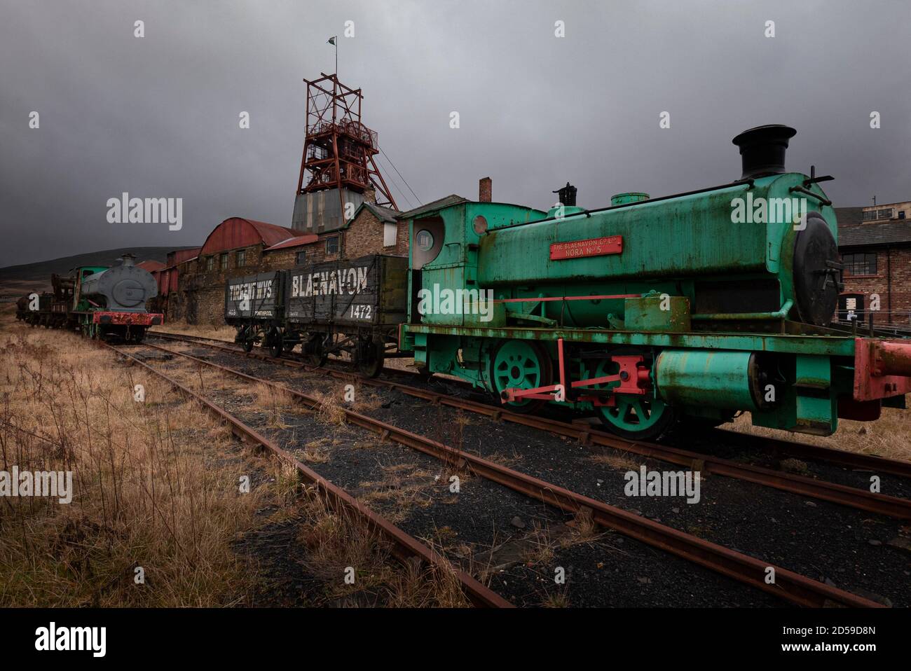 Railway engine and trucks at Big Pit, former coal mine at the UNESCO World Heritage Site, Blaenavon Industrial Landscape, South Wales, United Kingdom Stock Photo