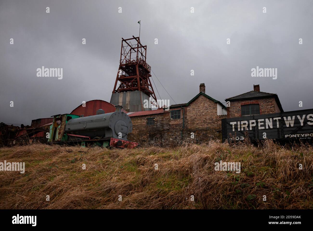 Winding gear at the Big Pit former coal mine at the UNESCO World Heritage Site, Blaenavon Industrial Landscape, South Wales, United Kingdom Stock Photo