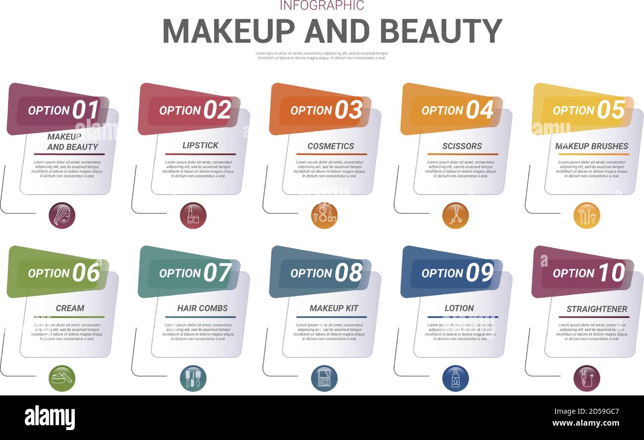 Infographic Makeup And Beauty template. Icons in different colors ...