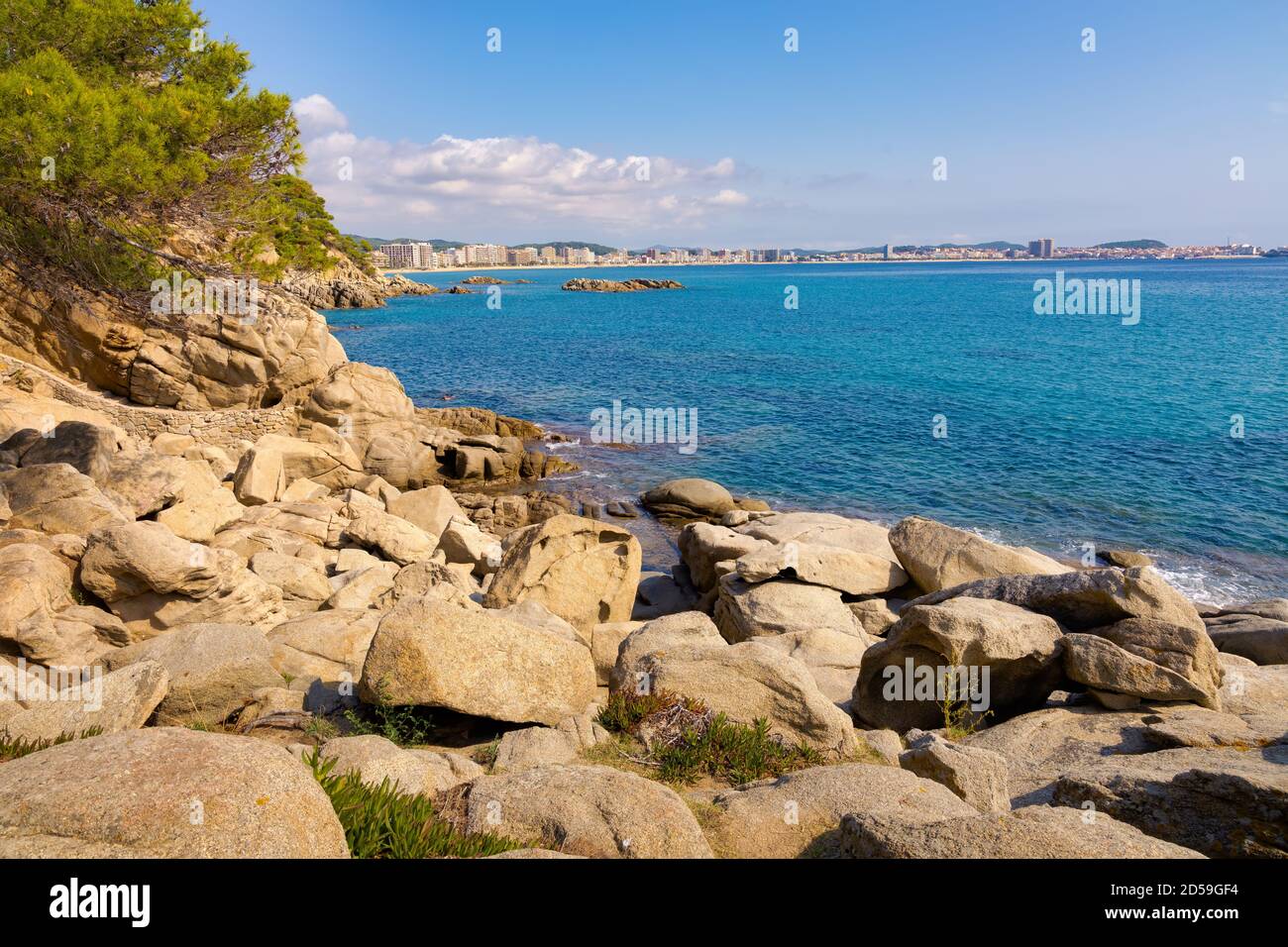 Panoramic view of the bay of Palamos seen from the tip of Rocas Planes on the Costa Brava, Catalonia, Spain Stock Photo
