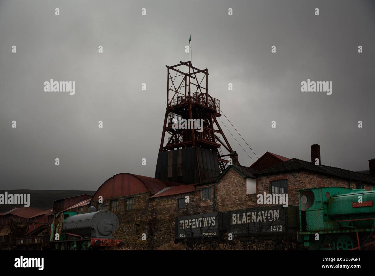 Winding gear at the Big Pit former coal mine at the UNESCO World Heritage Site, Blaenavon Industrial Landscape, South Wales, United Kingdom Stock Photo