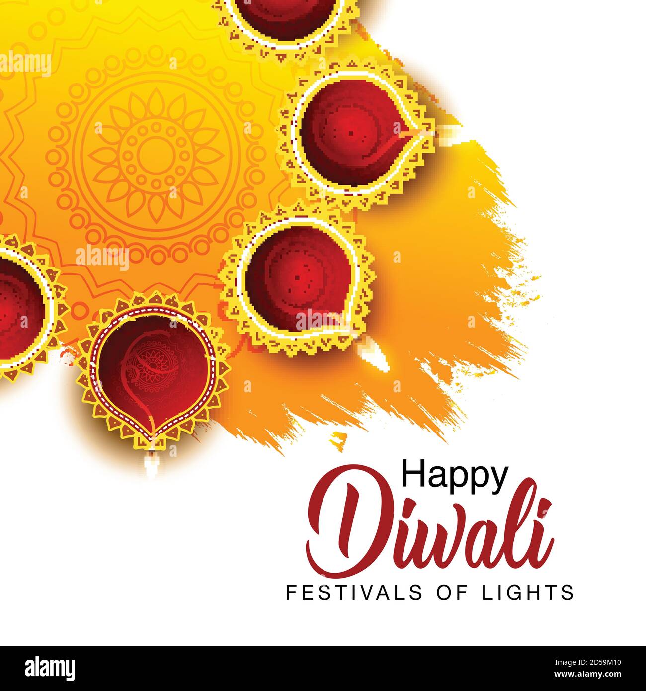 Happy Diwali celebration background. Top view of banner design decorated  with illuminated oil lamps on white and yellow backgrounds. vector  illustrati Stock Vector Image & Art - Alamy