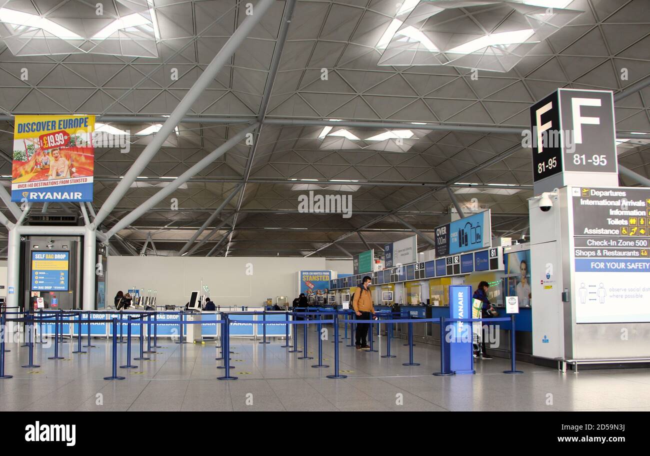Ryanair automated bag check in on an October 2020 morning during the pandemic at Stansted