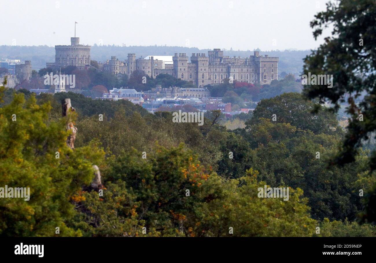 Windsor Castle appears above autumn coloured trees. Stock Photo