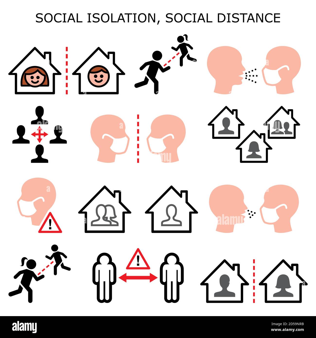 Social isolation, social distance, people on quarantine isolated at home during pandemic or epidemic vector color icons set - flattering a curve conce Stock Vector