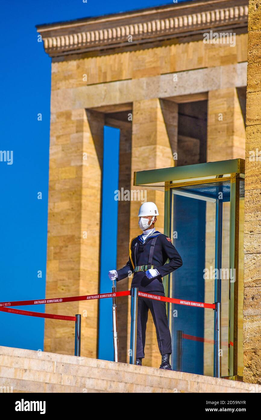 Ankara, Turkey. 13th Oct, 2020. A Turkish soldier wearing a protective face mask stands guard at Anitkabir, the mausoleum of modern Turkey's founder Mustafa Kemal Ataturk, on the 97th anniversary of Ankara's becoming the capital city. Credit: Altan Gocher/ZUMA Wire/Alamy Live News Stock Photo