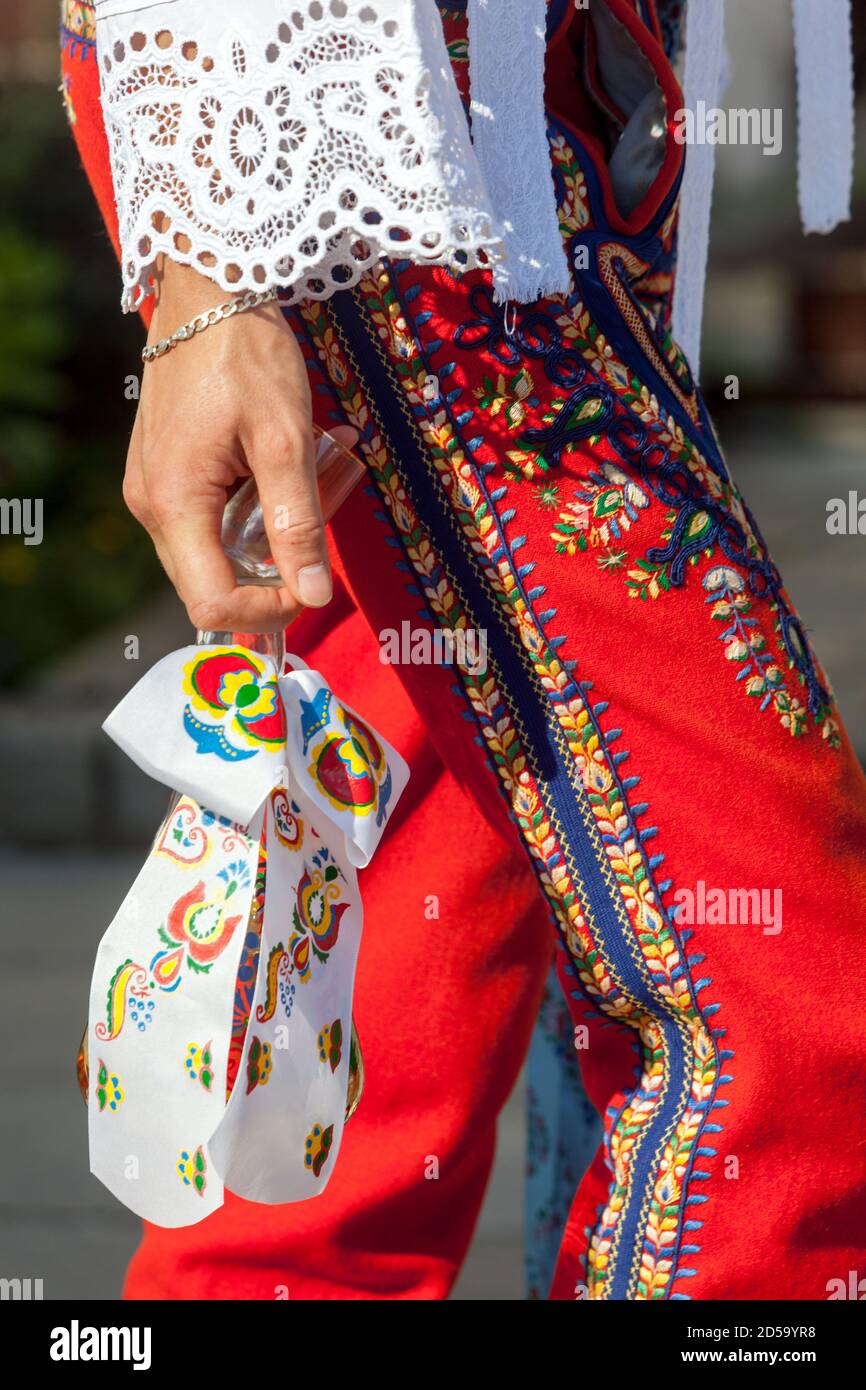 Man traditional costume pattern of folk embroidery on trousers, South Moravia, holding a decorated bottle of wine, Czech Republic, Europe Stock Photo