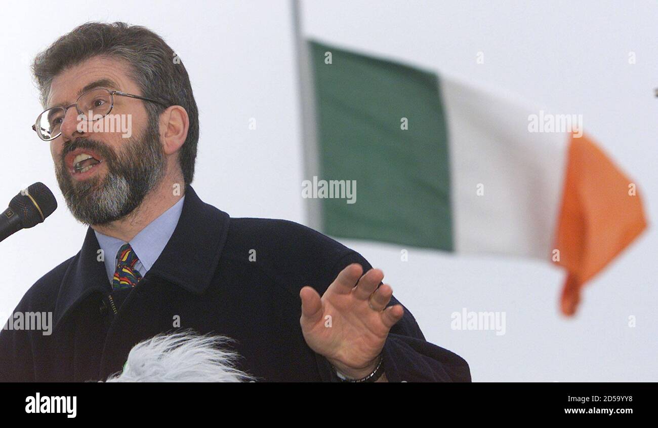 Sinn Fein President Gerry Adams addresses hundreds of Republicans during the 84th Anniversary of the 1916 Easter Rising in the Londonderry's city cemetary, April 23. Irish Republicans all over Ireland held commemorations marking the 1916 Easter Rising in Dublin.  PM/HP/AA Stock Photo