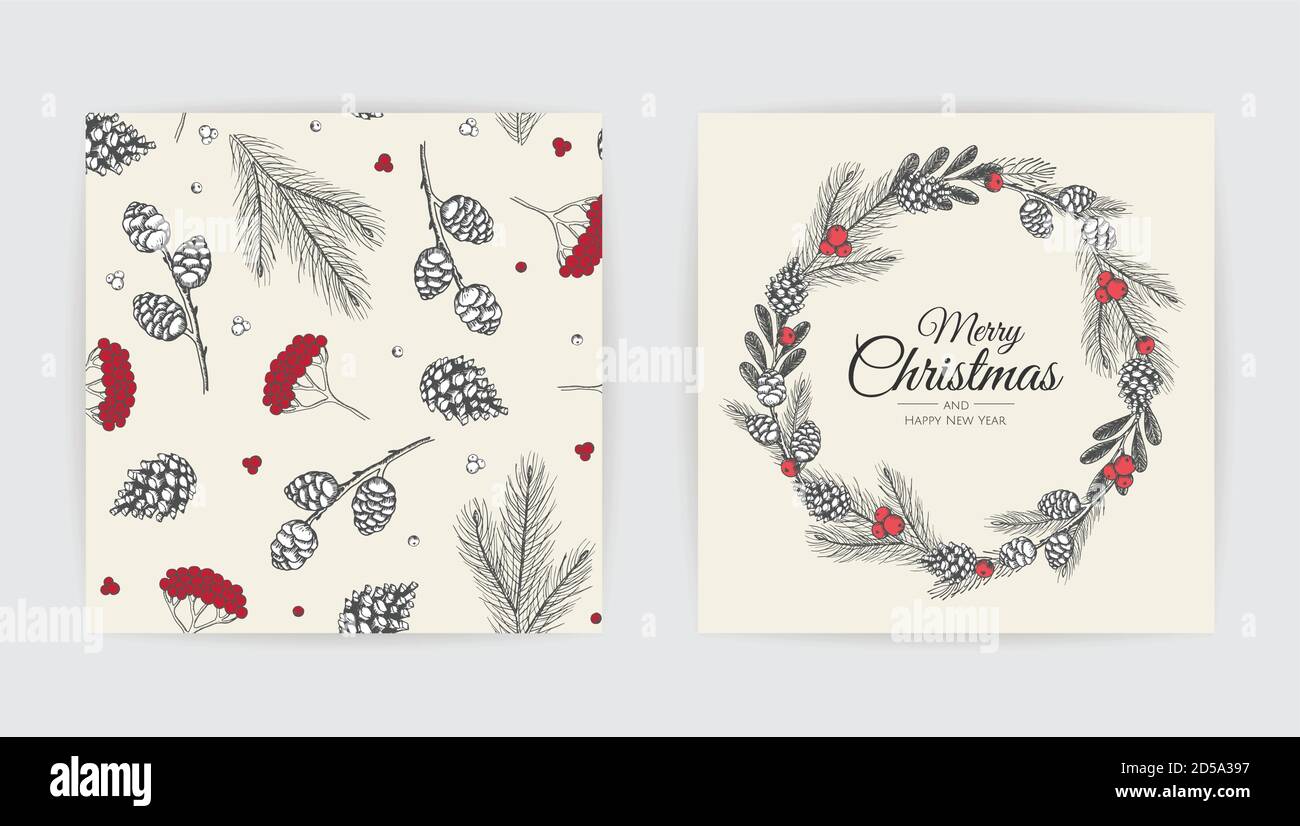 Merry Christmas greeting card with new years tree. Vector holiday ...