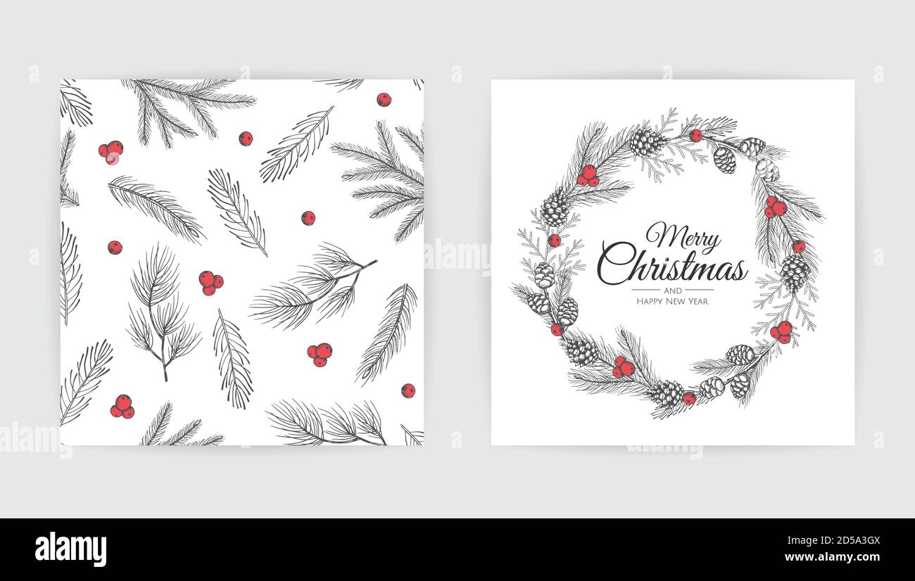 Merry Christmas greeting card with new years tree. Vector holiday ...