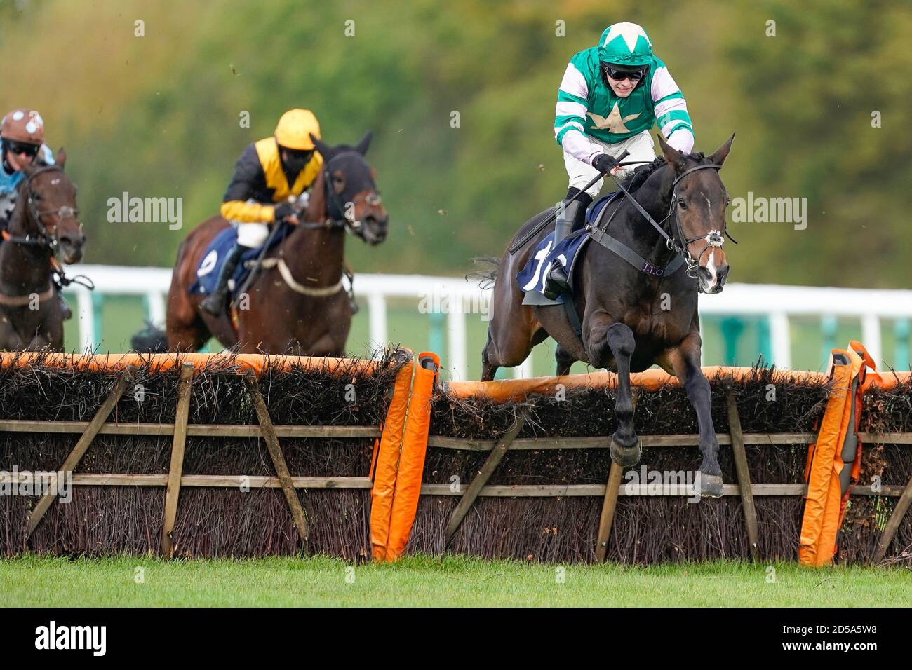 Jonjo O'Neill Jr riding Prince Escalus clear the last to win The Covered By MansionBet Faller Insurance Novices' Hurdle at Huntingdon Racecourse. Stock Photo