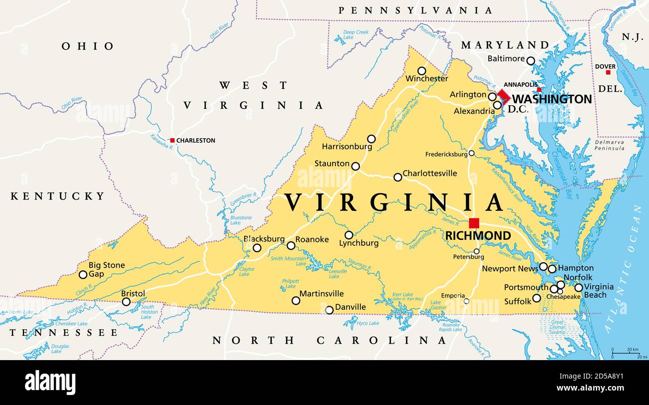 Virginia, VA, political map. Commonwealth of Virginia. State in Southeastern and Mid-Atlantic region of the United States. Capital Richmond. Stock Photo