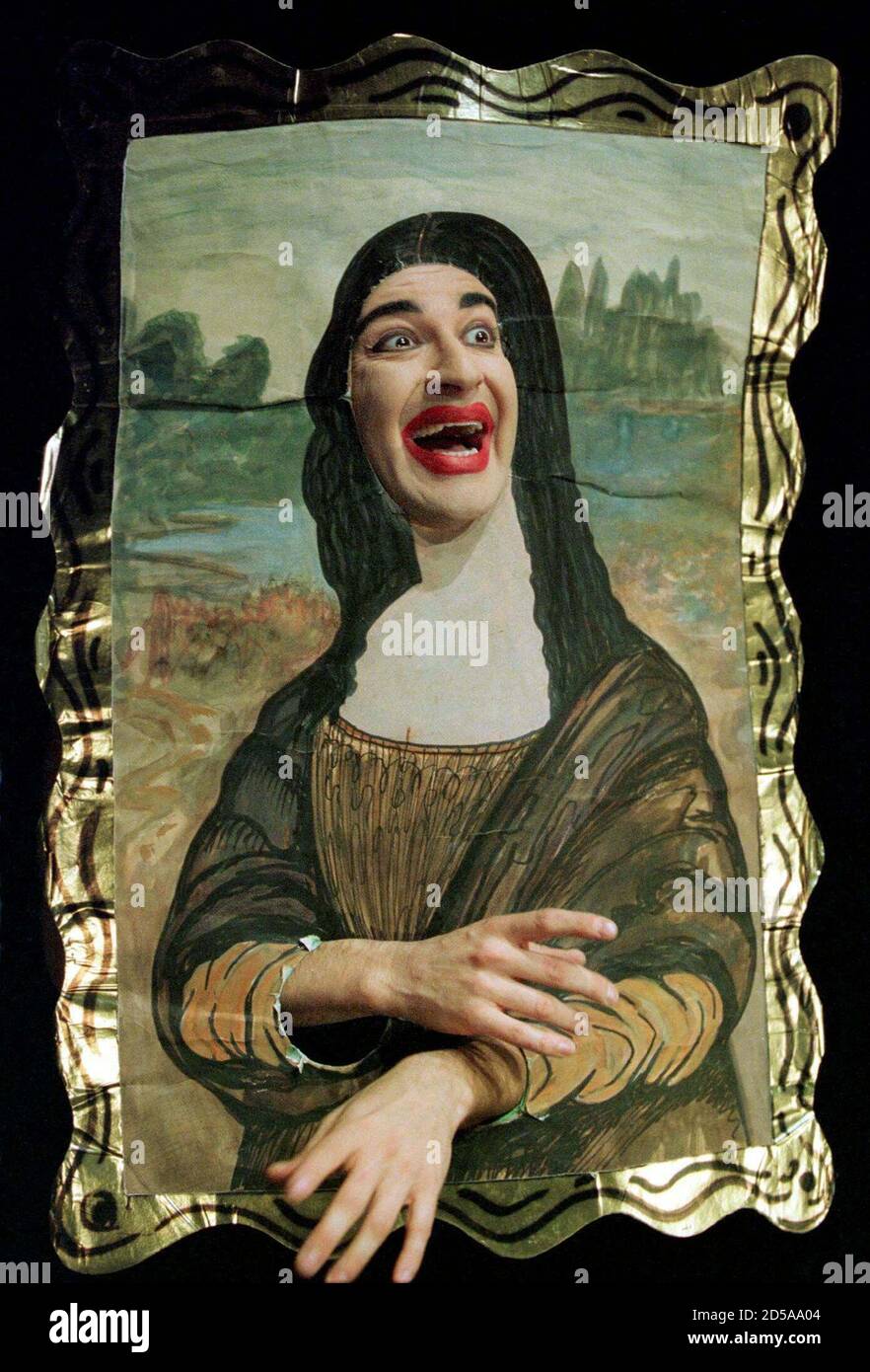 Italian comedian Ennio Marchetto portrays the famous Mona Lisa by painter  Leonardo da Vinci during a rehearsal at the Hong Kong Cultural Centre  November 30. The award-winning comedian, widely regarded as a 