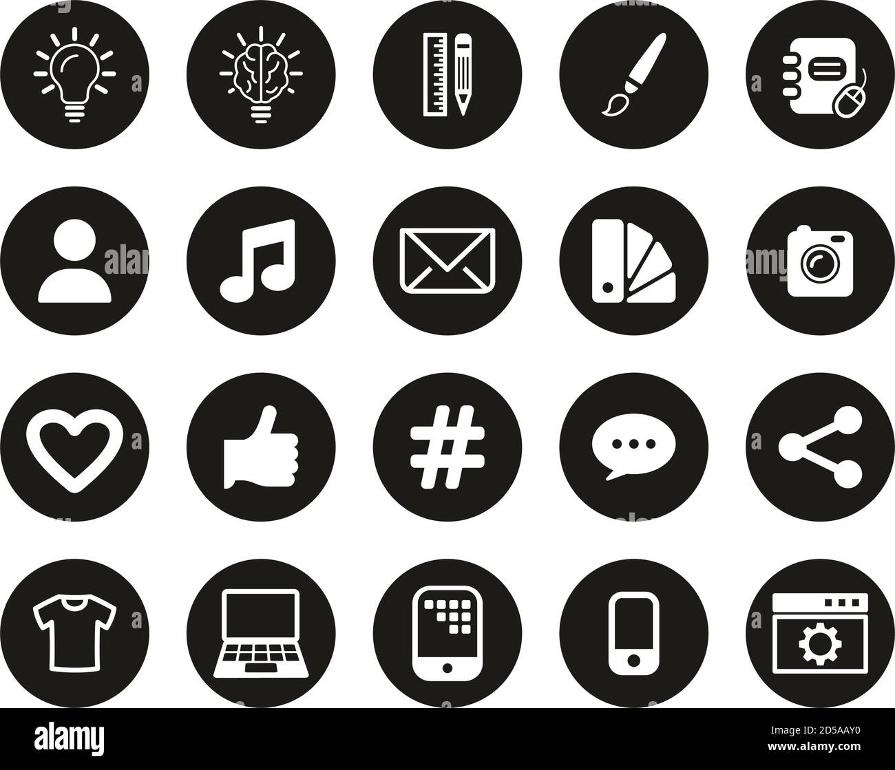 Branding Or Visual Identity Icons White On Black Flat Design Circle Set ...