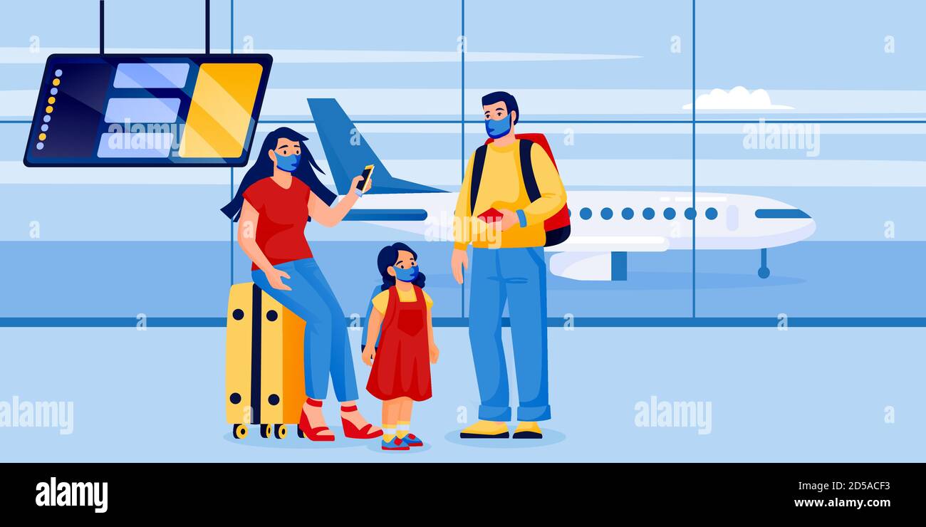 Family with child in medical protection masks in airport terminal. Vector illustration. Man, woman, little girl traveling by airplane during coronavir Stock Vector