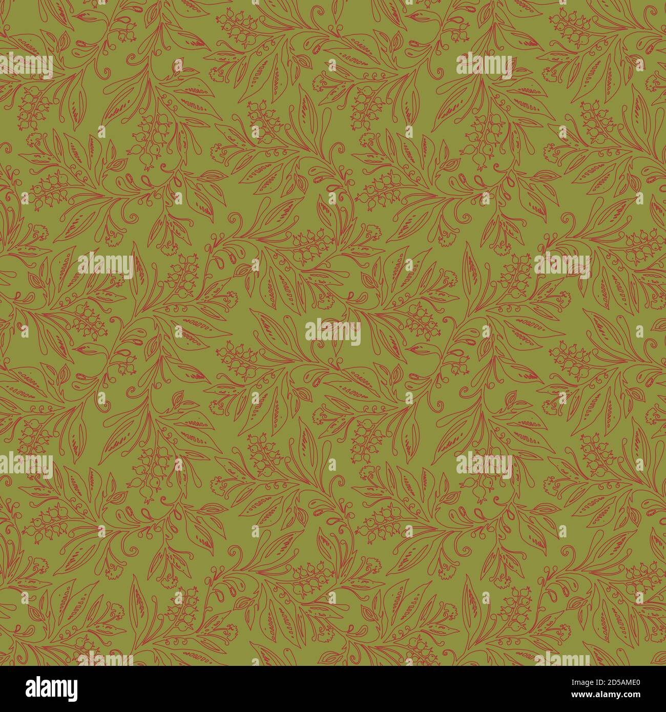 Floral seamless pattern with leaves and berries in green and red colors ...