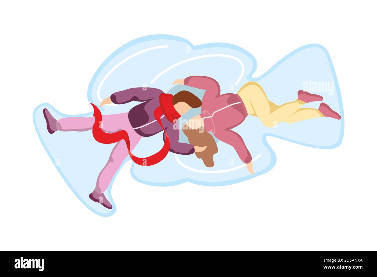 Young couple male and female in love lies and hugs tenderly. Boy and girl making snow angels and kiss. Man and woman gentle relationship winter concept. Vector eps illustration Stock Vector