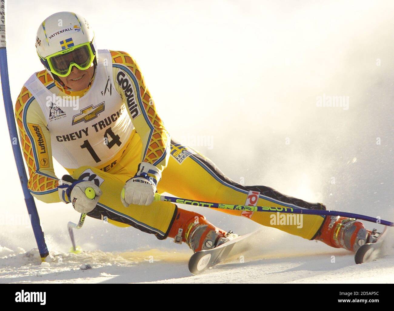 Patrick Nyberg of Sweden hits a gate on his to a seventh place finish in the men's World Cup Super G November 28. Hermann Maier of Austria the race with