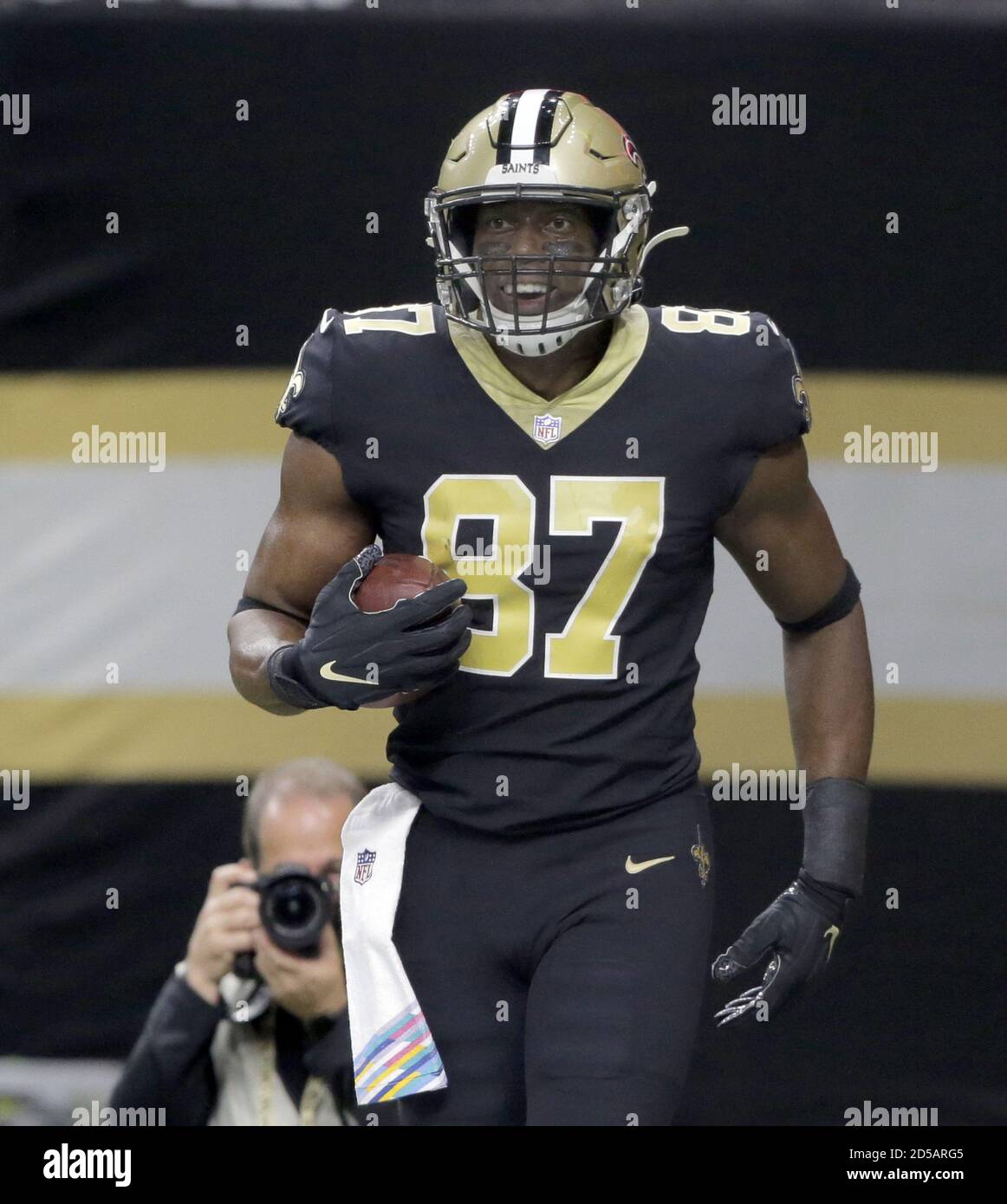 New Orleans, United States. 13th Oct, 2020. New Orleans Saints tight end Jared Cook (87) smiles at teammates after scoring against the Los Angeles Chargers late in the game at the Louisiana Superdome in New Orleans on Monday, October 12, 2020. Photo by AJ Sisco/UPI. Credit: UPI/Alamy Live News Stock Photo