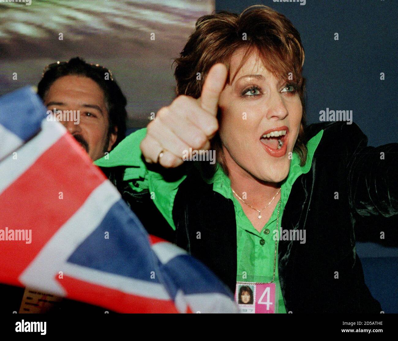 Katrina of Katrina and the waves, representing the United Kingdom  celebrates after winning the Eurovision Song Contest 1997 with her song Love  shine a light written by Kimberly Rew, May 3. Katrina