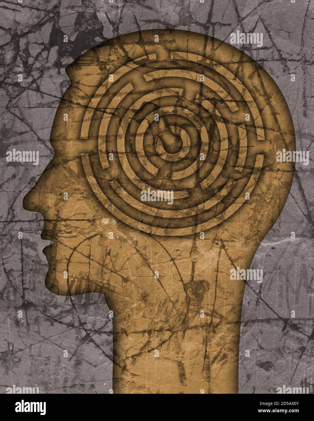 Man profile,Labyrinth of life. Male head stylized silhouette on the scratched wall with maze symbolizing life stories. Stock Photo