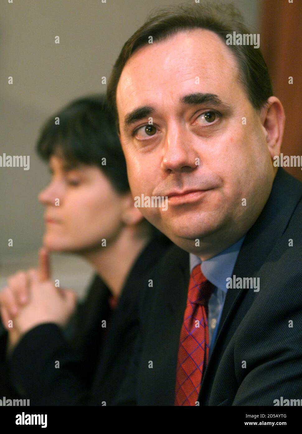 Leader of the Scottish National Party Alex Salmond with newly elected parliament member Nicola Sturgeon listens to questions from reporters during a post election press conference in Edinburgh, May 7. Scotland faces a coalition government after the Labour Party failed to gain an overall majority in Edinburgh's first parliament in 300 years.  AS/ME Stock Photo