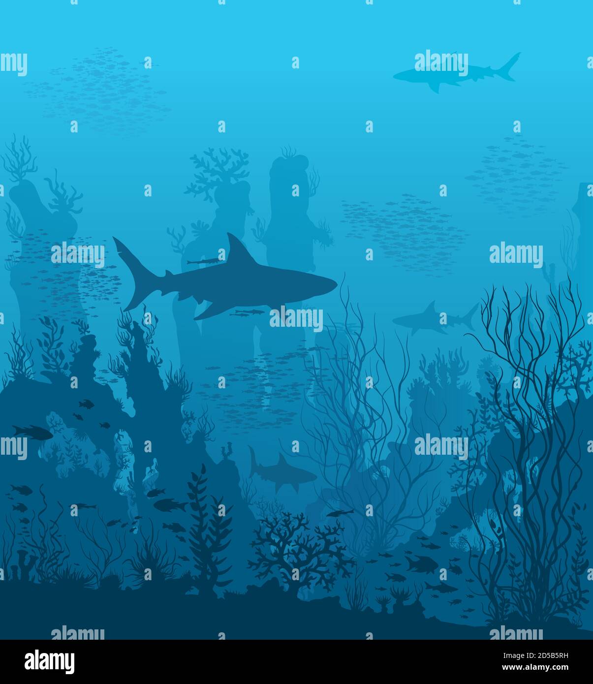Blue underwater landscape with sharks and coral reefs Stock Vector