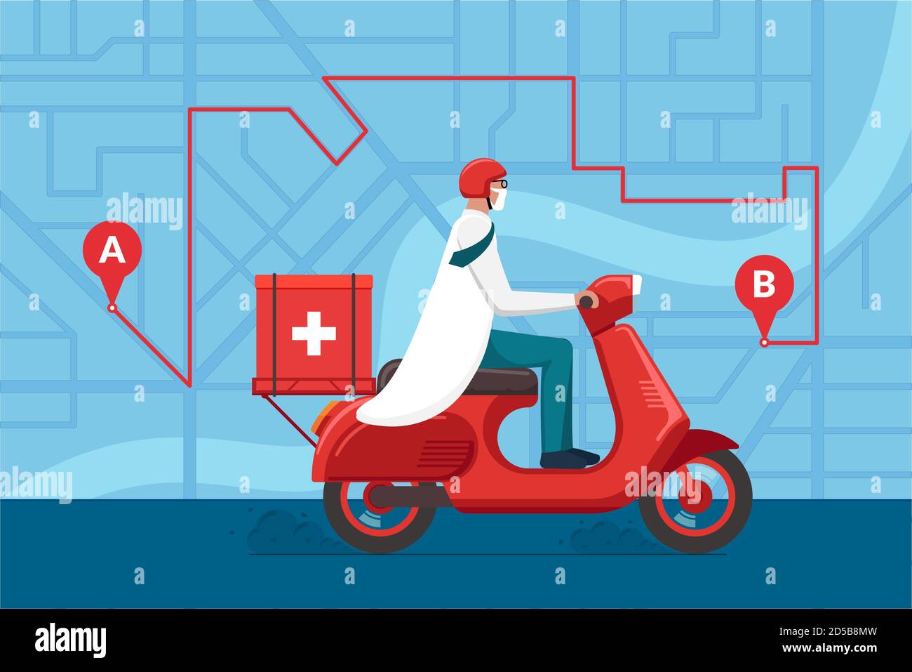 Medicine motorbike delivery pharmacy. Male doctor in helmet riding retro scooter with medical surgical sanitary box first aid on city street map plan with navigation route. Vector flat illustration Stock Vector