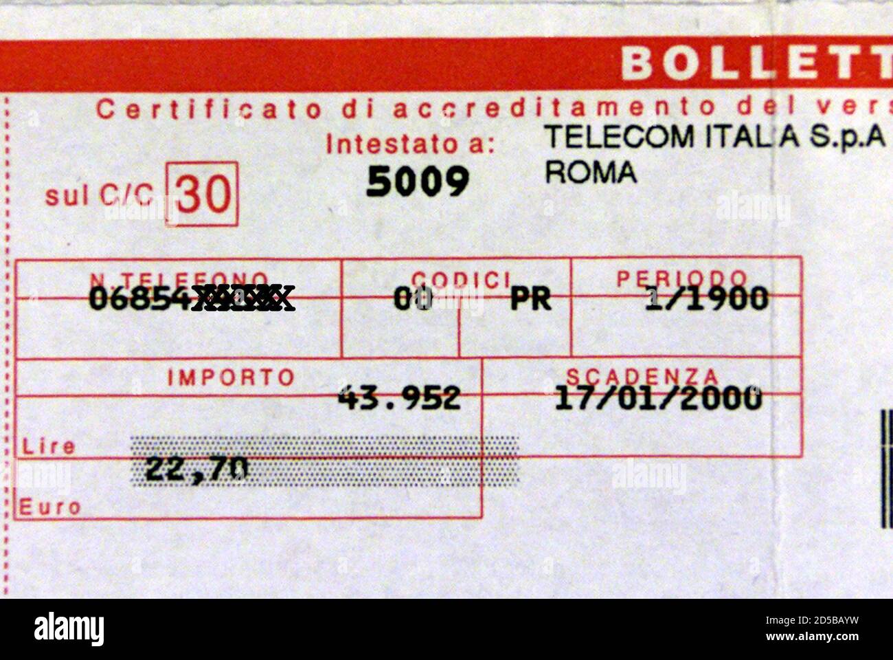Detail of a bill from Telecom Italia, pictured December 28, wrongly  referring to the first two months of 1900 instead of 2000. Italy's biggest  telephone operator, which insists its computer software is