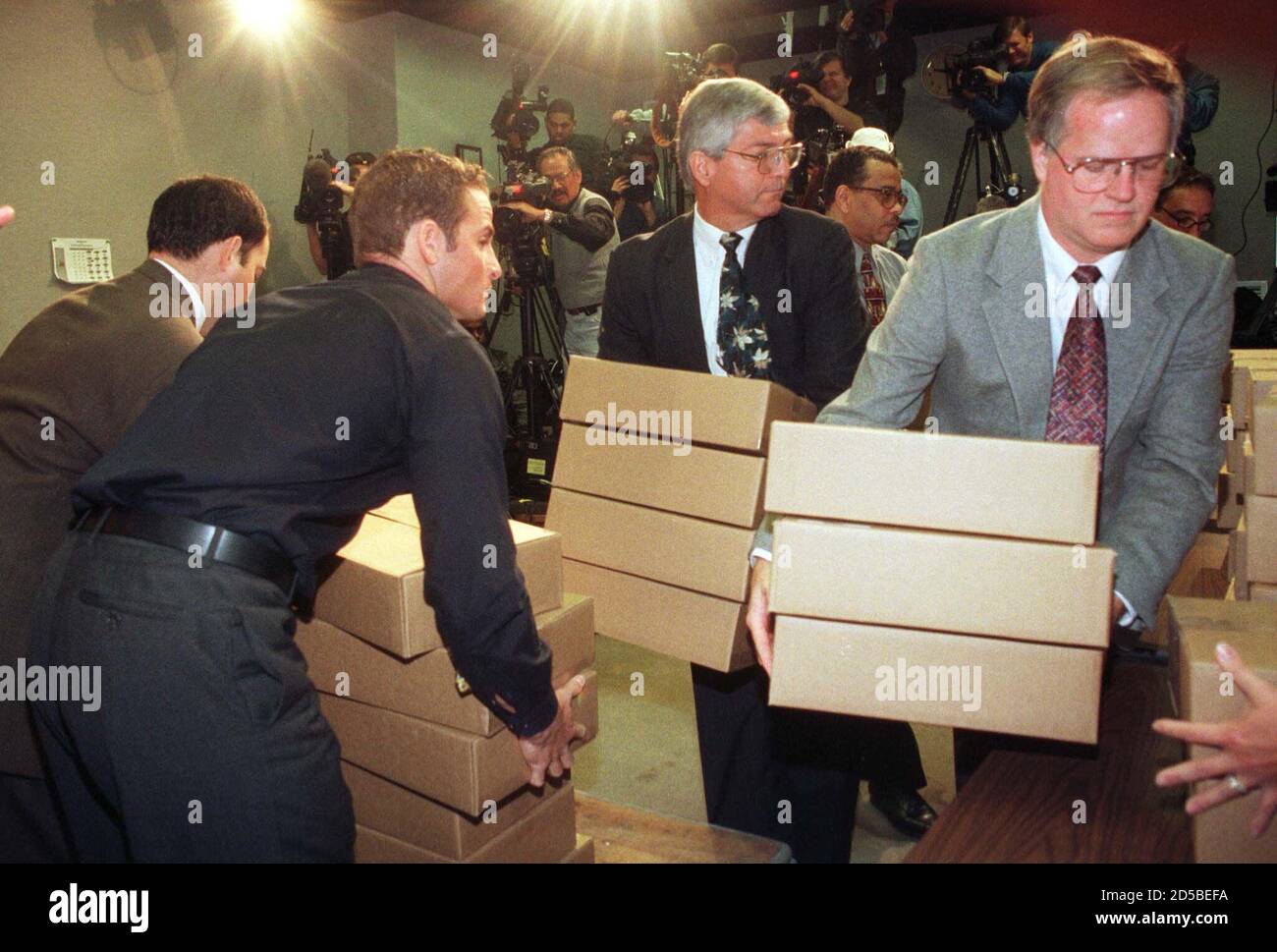 House Press Gallery staff members unload boxes of audio tapes of Monica Lewinsky's tales of her affair with President Bill Clinton that were released in the House Press Gallery on Capitol Hill November 17. The House Judiciary Committee released 22 hours of the tapes which were secretly recorded by Linda Tripp.  MMR/ELD/AA Stock Photo